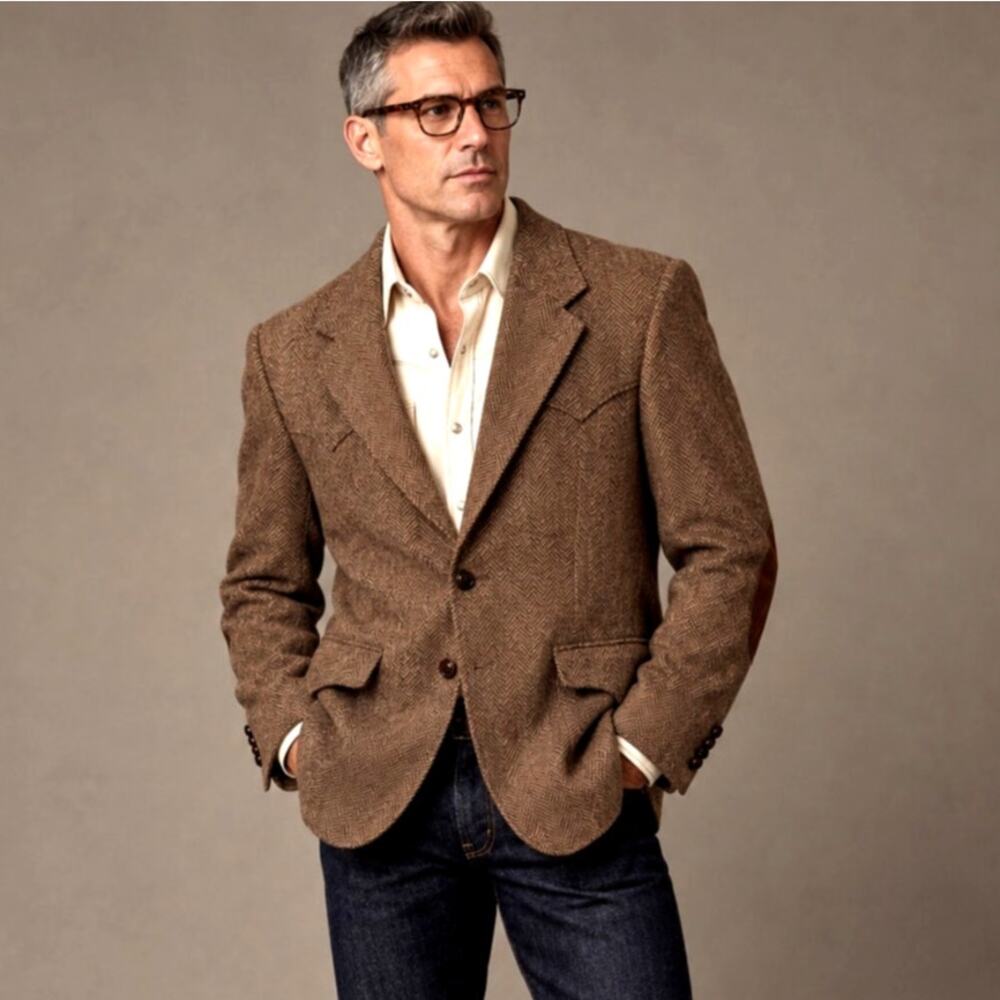 Huckberry Vintage x Farah Western Herringbone Tweed Blazer Suede Elbow Patches